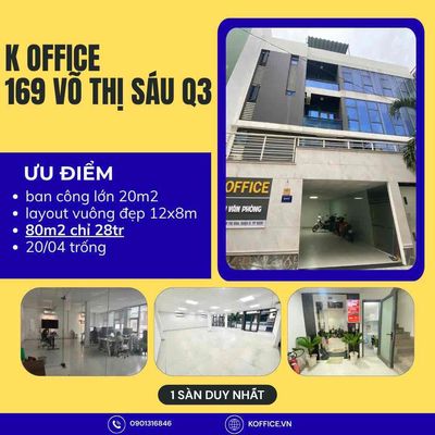 Hot - chính chủ VP 80m2 + 20m2 Ban công - Võ Thị Sáu Q3