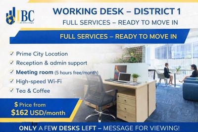 Chỗ ngồi làm việc Quận 1 – full dịch vụ – vào làm ngay