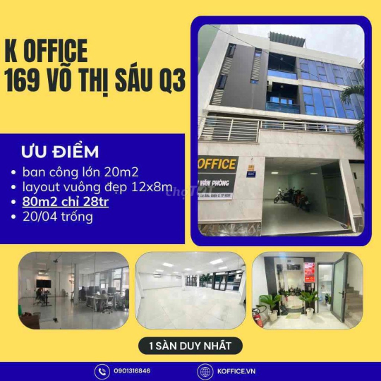 Hot - chính chủ VP 80m2 + 20m2 Ban công - Võ Thị Sáu Q3