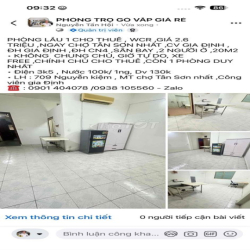 PHÒNG L1 CHO THUÊ ,WCR ,CHỢ TSN ,CV GIA ĐỊNH ,ĐH GIA ĐỊNH ,ĐHCN4 ,SBAY